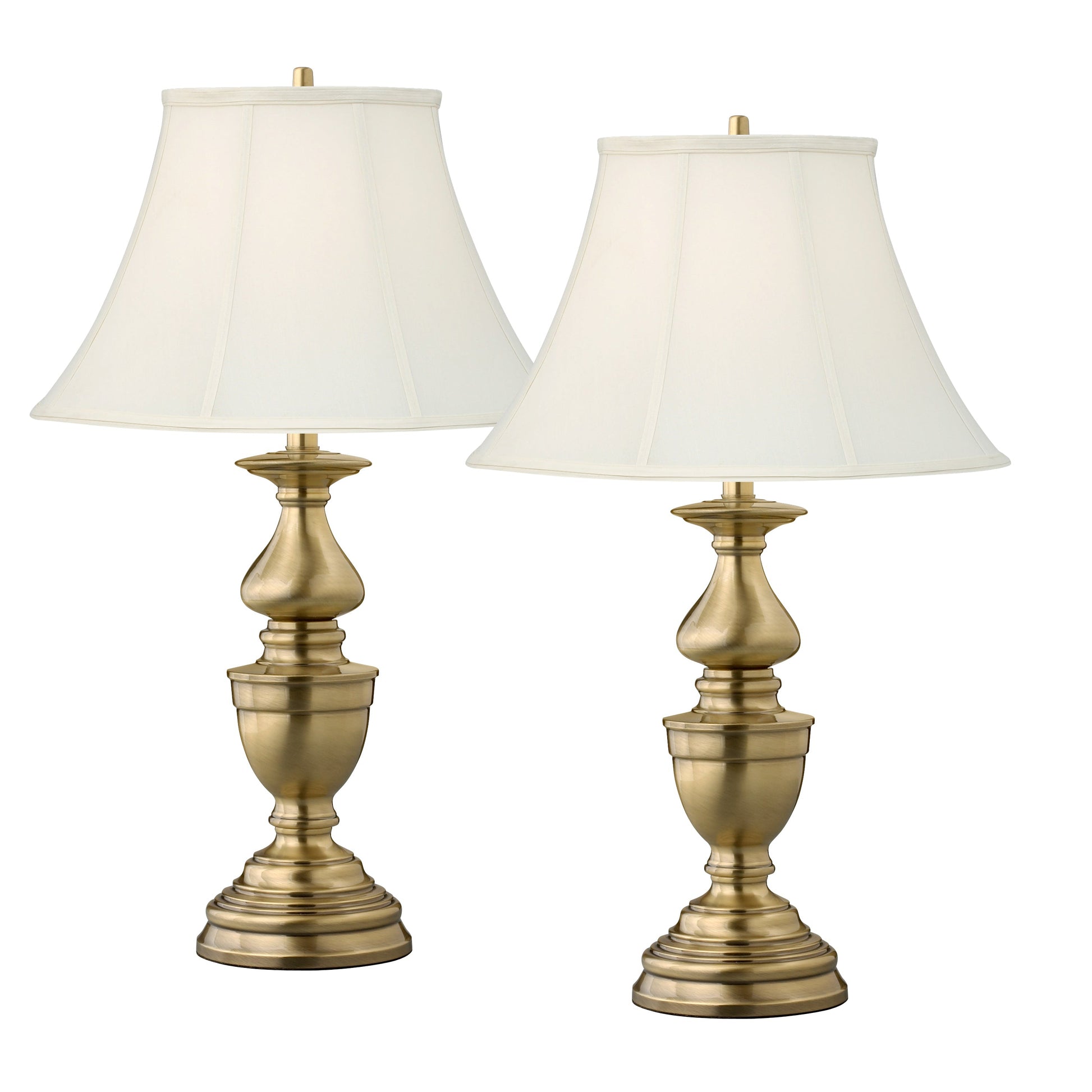 Medallion Lighting Balustrade 30" Satin Antique Brass Steel Table Lamp With Eggshell Stretched Silk Bell Shade - Set of 2