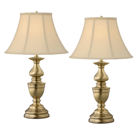 Medallion Lighting Balustrade 30" Satin Antique Brass Steel Table Lamp With Shantung Stretched Silk Bell Shade - Set of 2