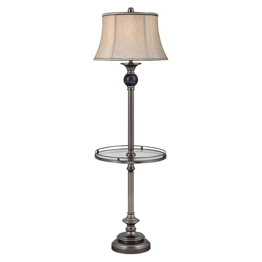 Medallion Lighting Bari 61" Gunmetal and Black Marble Steel Floor Lamp With Glass Tray With Gallery Ring and Grey Silk Drum Bell Shade