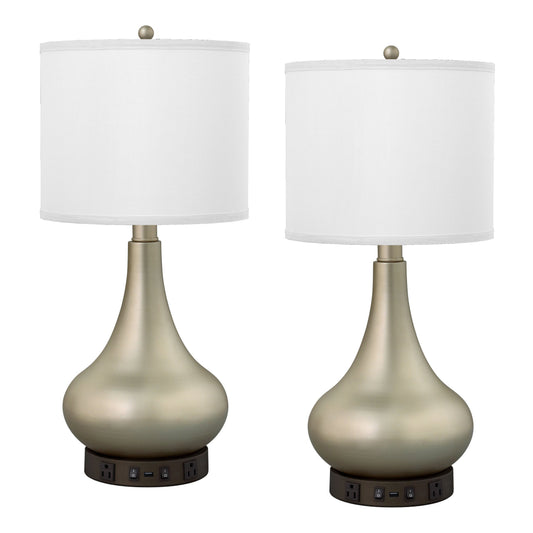 Medallion Lighting Bolle 26" Champagne/Metallic Bronze Steel Desk Lamp With USB Port, 3-Prong Outlets and Light Beige Fabric Rectangular Shade - Set of 2