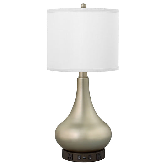 Medallion Lighting Bolle 26" Champagne/Metallic Bronze Steel Desk Lamp With USB Port, 3-Prong Outlets and Light Beige Fabric Rectangular Shade