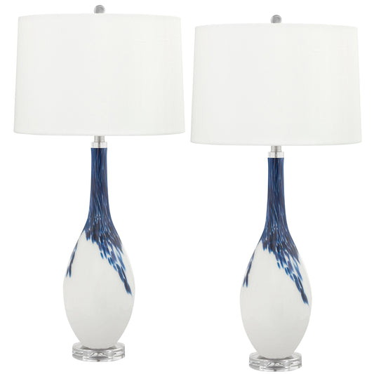 Medallion Lighting Brescia 34" Blue and White Glass Table Lamp With White Fabric Drum Shade - Set of 2