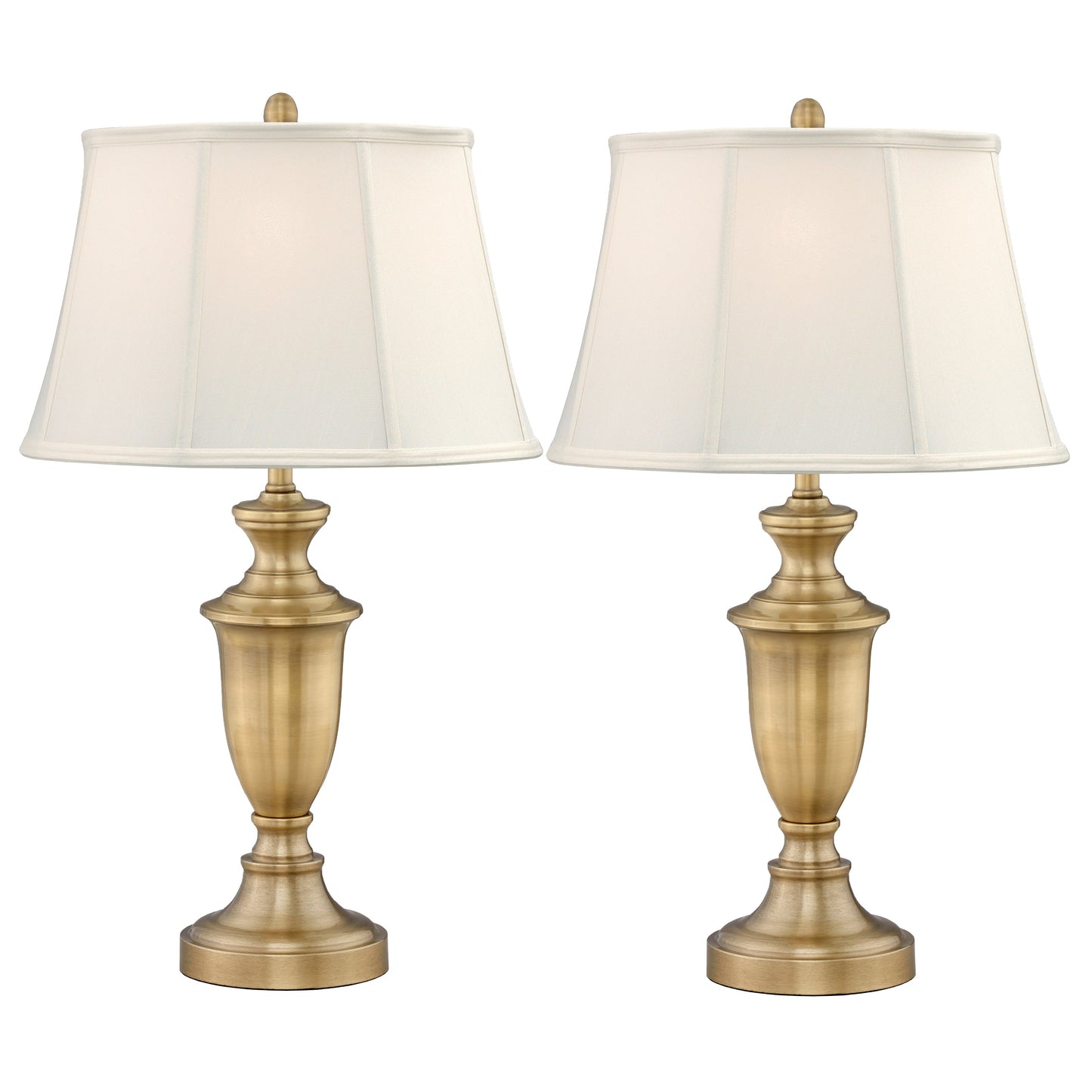 Medallion Lighting Cagliari 30" Satin Antique Brass Steel Table Lamp With USB Port and Eggshell Stretched Silk Drum Shade - Set of 2