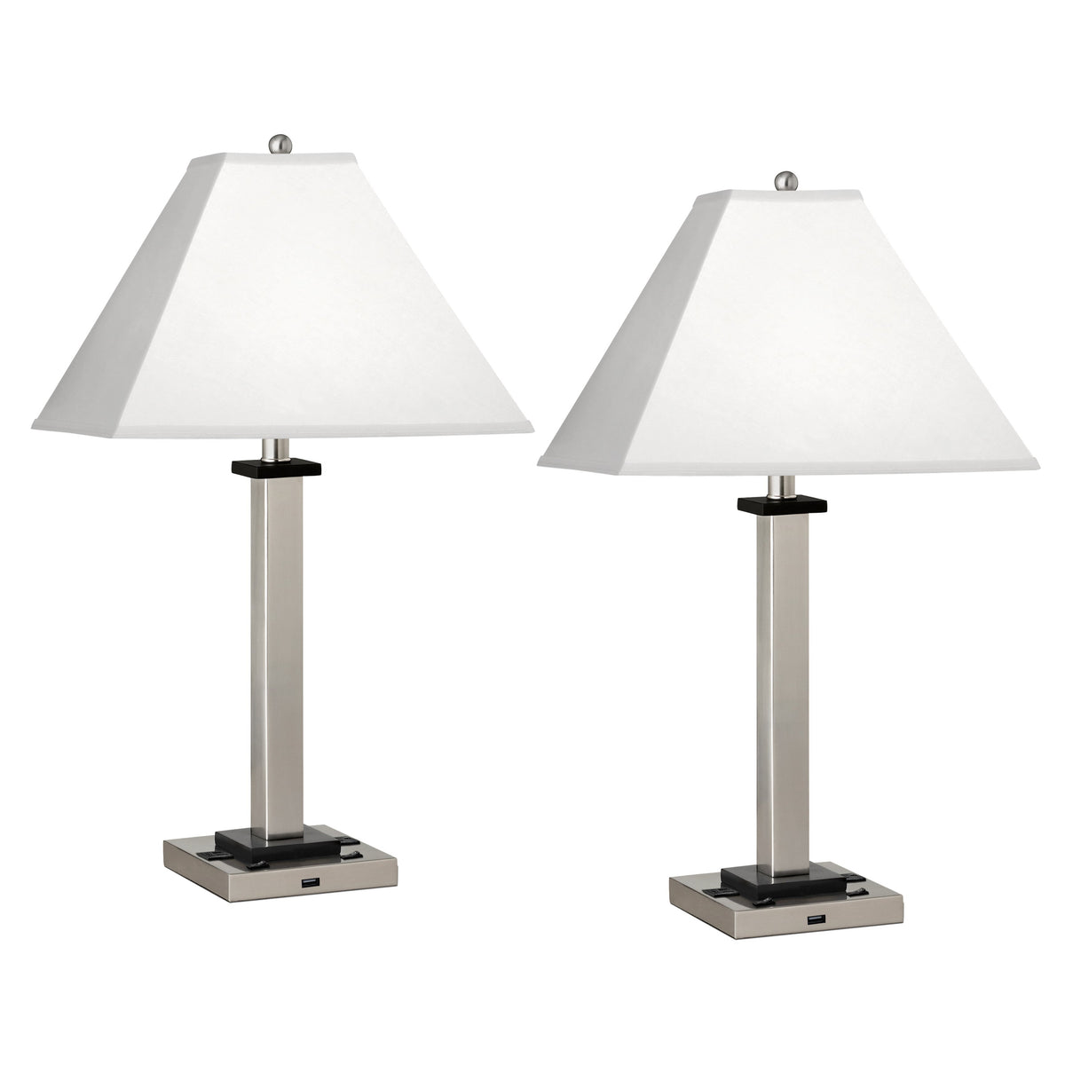 Medallion Lighting Canello 28" Brushed Steel Twin-light Double Nightstand Lamp With USB Port, 3-Prong Outlets and White Fabric Square Shade - Set of 2