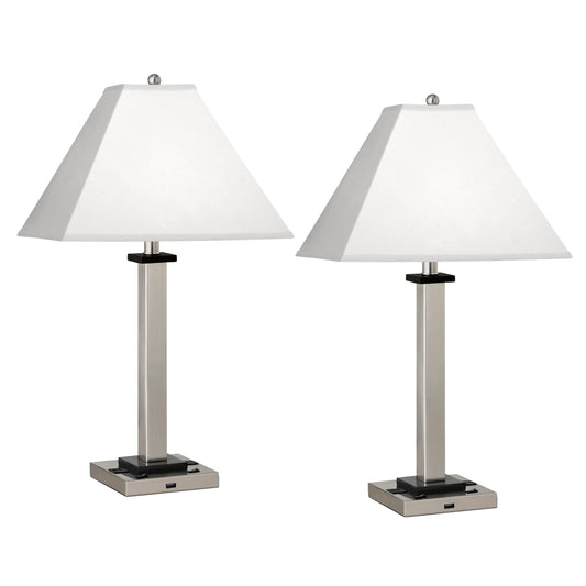 Medallion Lighting Canello 28" Brushed Steel Twin-light Double Nightstand Lamp With USB Port, 3-Prong Outlets and White Fabric Square Shade - Set of 2