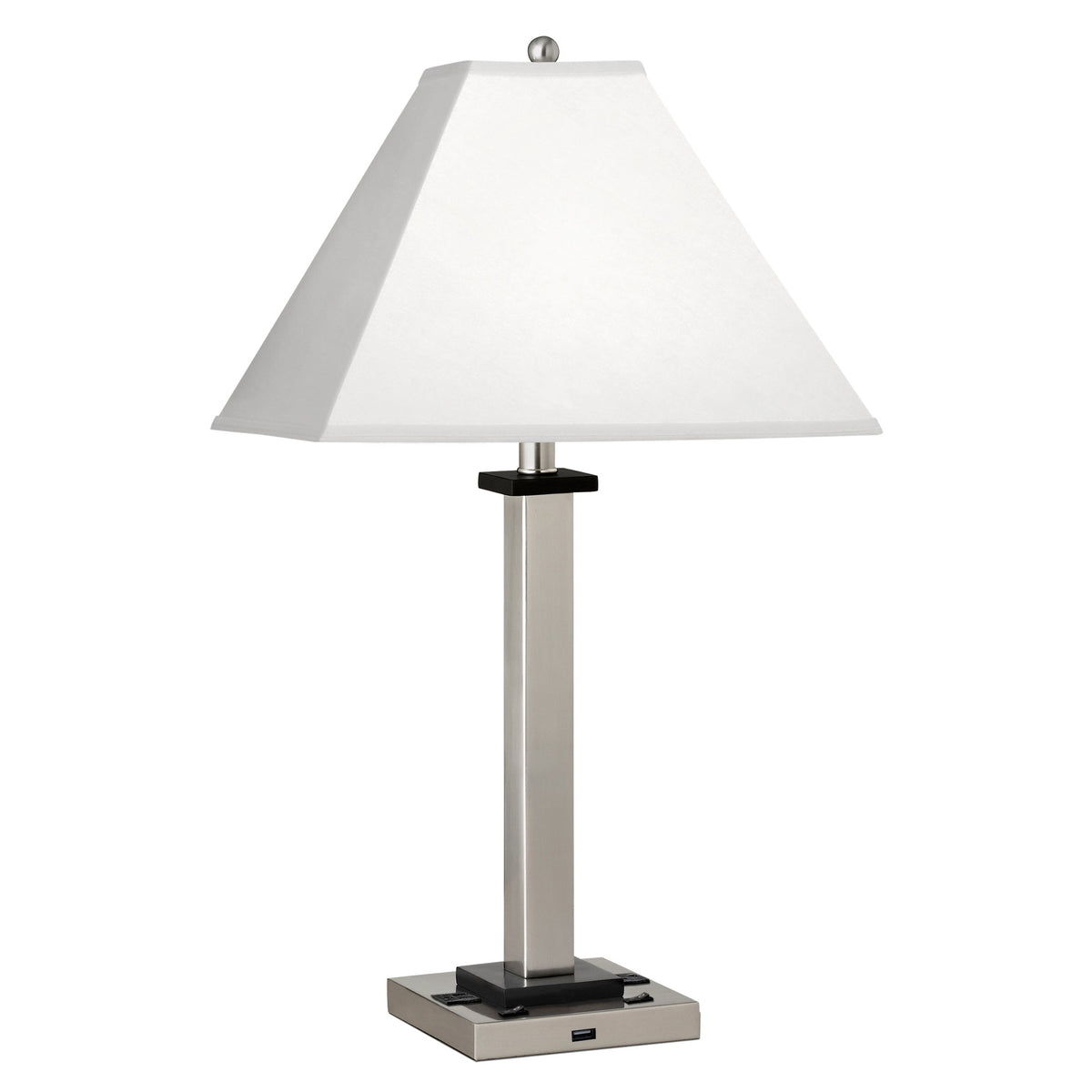 Medallion Lighting Canello 28" Brushed Steel Twin-light Double Nightstand Lamp With USB Port, 3-Prong Outlets and White Fabric Square Shade
