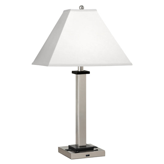 Medallion Lighting Canello 28" Brushed Steel Twin-light Double Nightstand Lamp With USB Port, 3-Prong Outlets and White Fabric Square Shade
