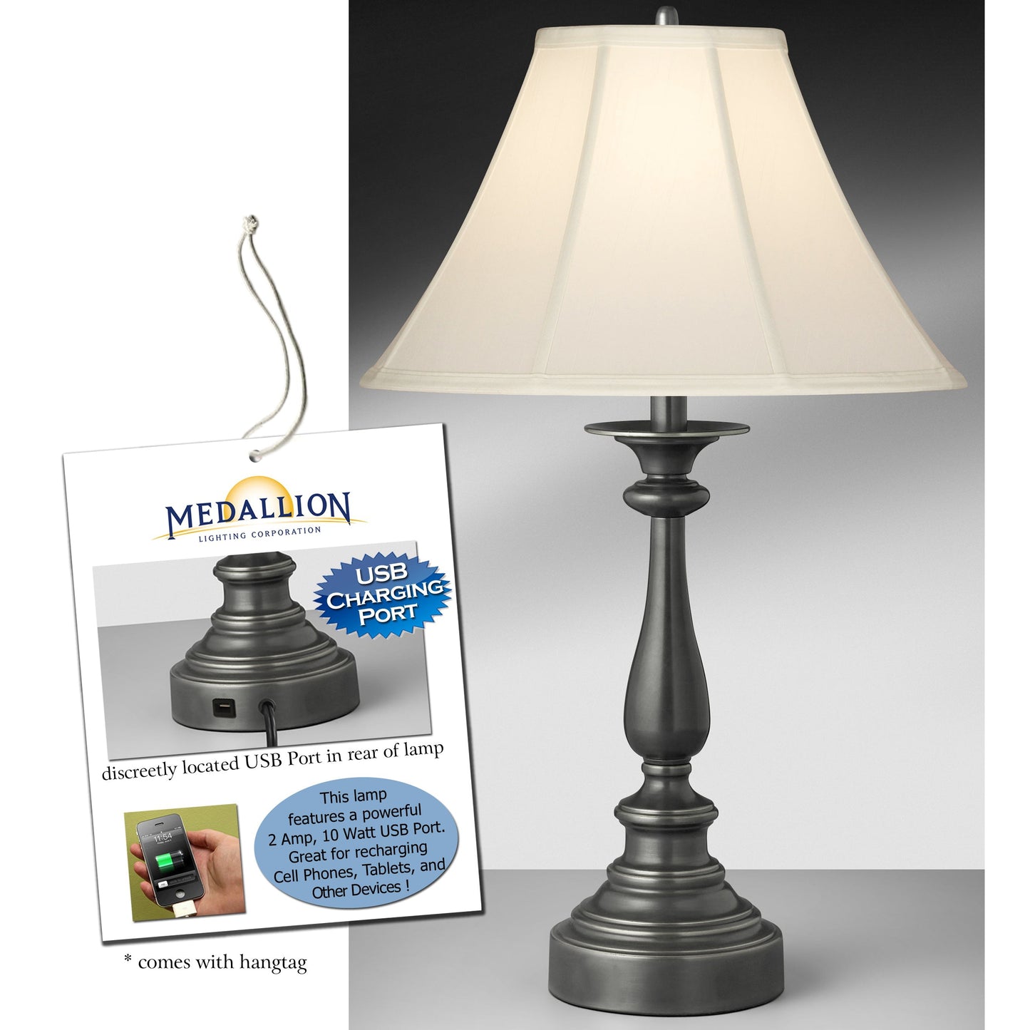 Medallion Lighting Carico 28" Gunmetal Steel Table Lamp With USB Port and Eggshell Stretched Bell Shade