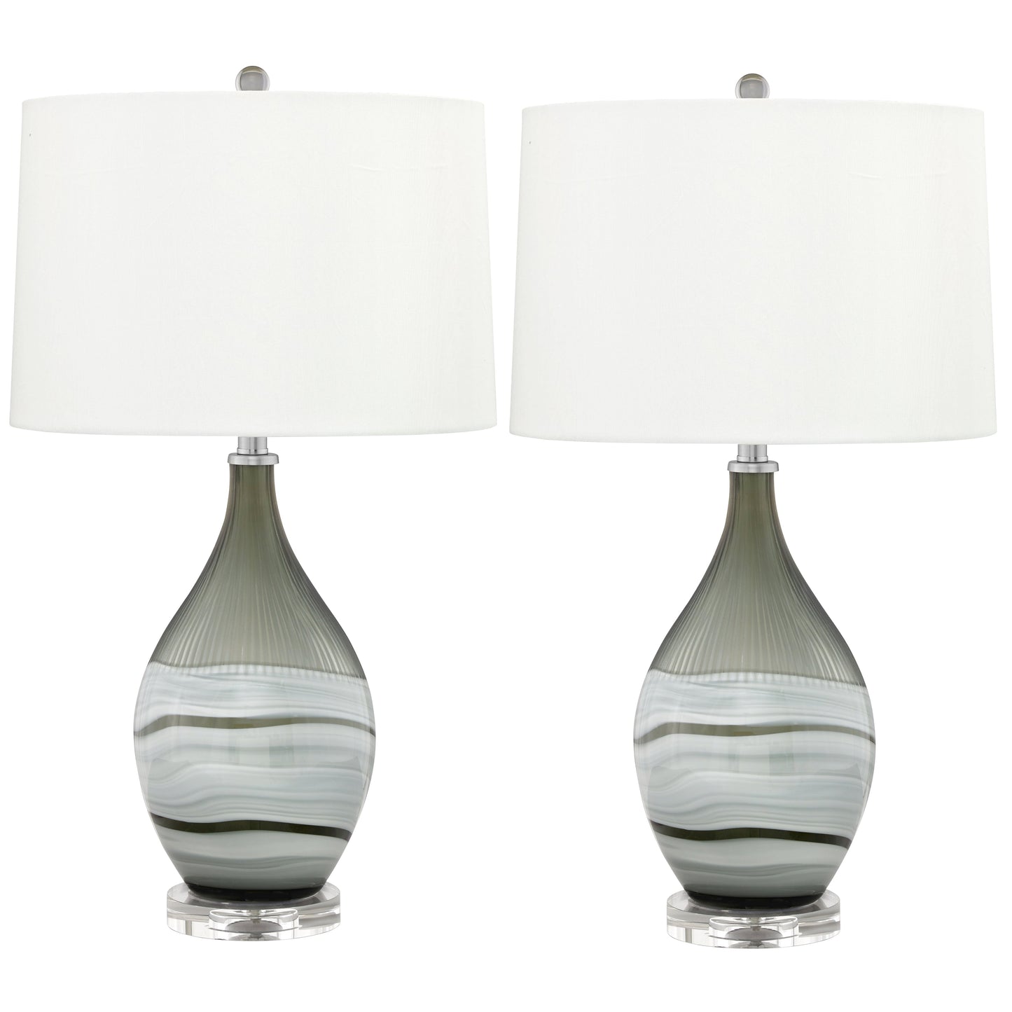 Medallion Lighting Carrara 28" Grey and White Swirl Glass Acrylic Table Lamp With White Fabric Drum Shade - Set of 2