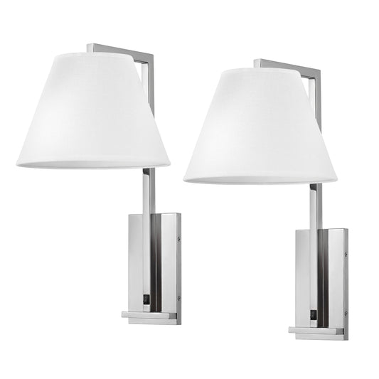 Medallion Lighting Confident Collection 22" Polished Chrome 1-Light Plug-in Armed Wall Sconce With White Fabric Drum Shade - Set of 2