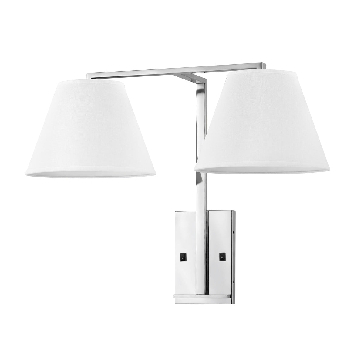 Medallion Lighting Confident Collection 22" Polished Chrome 2-Light Plug-in Armed Wall Sconce With White Fabric Drum Shade