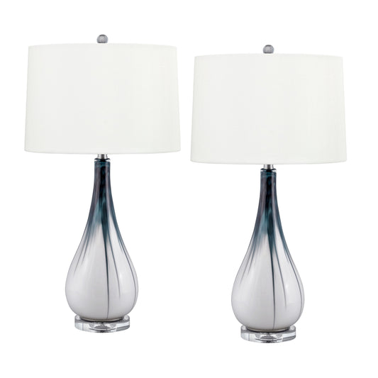 Medallion Lighting Contemporary 31" Blue/White Glass Acrylic Table Lamp With White Fabric Drum Shade - Set of 2