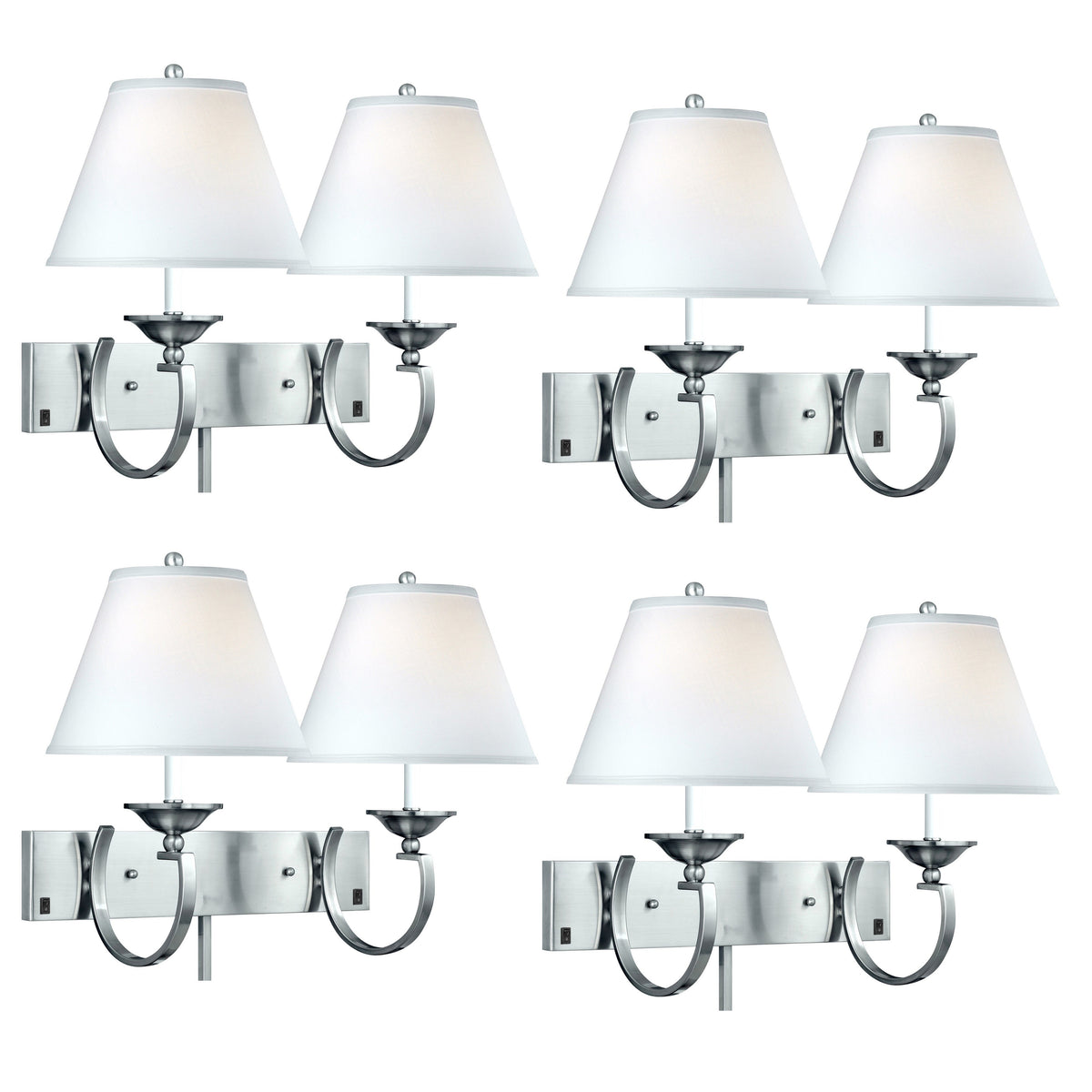 Medallion Lighting Contemporary Curve 18" Brushed Steel 2-Light Double Wall Lamp With White Fabric Drum Shade - Set of 4