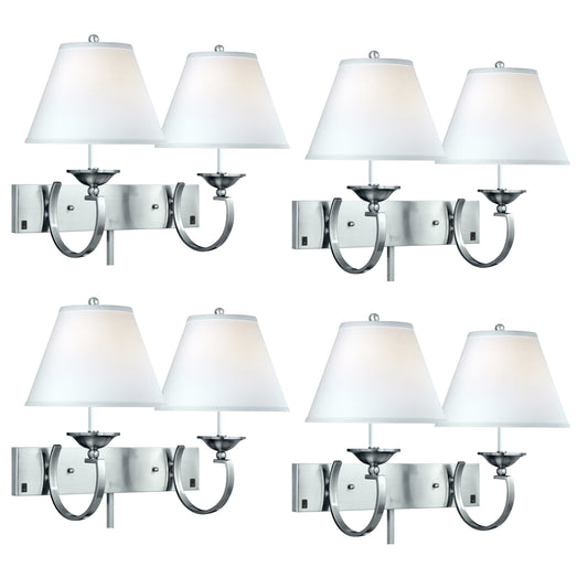 Medallion Lighting Contemporary Curve 18" Brushed Steel 2-Light Double Wall Lamp With White Fabric Drum Shade - Set of 4