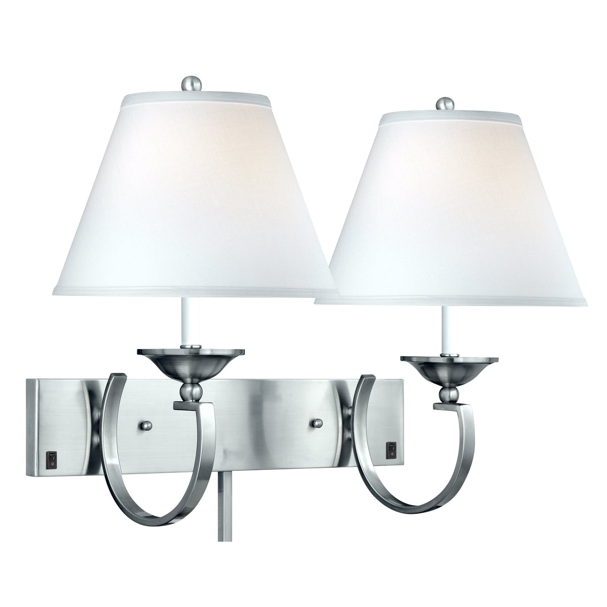 Medallion Lighting Contemporary Curve 18" Brushed Steel 2-Light Double Wall Lamp With White Fabric Drum Shade