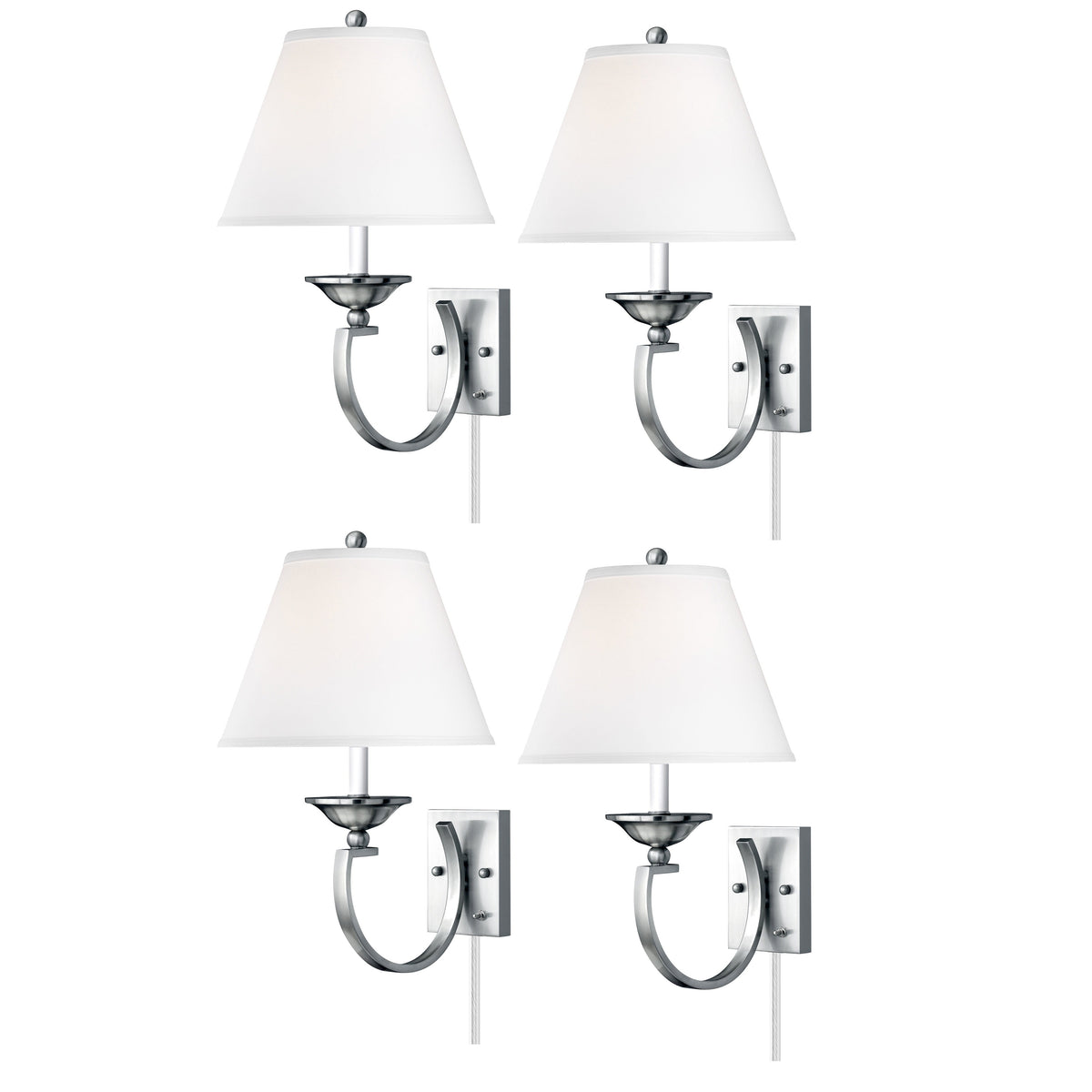 Medallion Lighting Contemporary Curve 18" Brushed Steel Single Wall Lamp With White Fabric Drum Shades - Set of 4