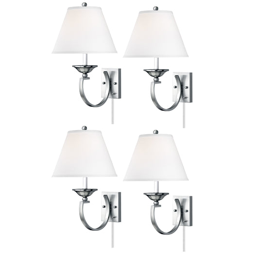 Medallion Lighting Contemporary Curve 18" Brushed Steel Single Wall Lamp With White Fabric Drum Shades - Set of 4