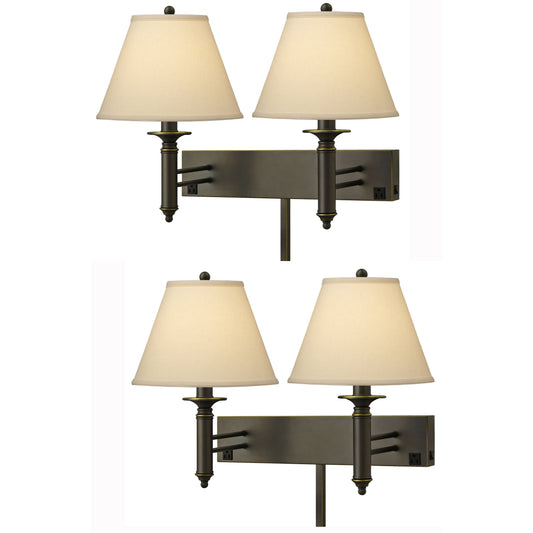Medallion Lighting Contract Groups 20" Madison Bronze Steel 2-Light Double Wall Lamp With USB Port, 3-Prong Outlets and Light Beige Fabric Drum Shade - Set of 2