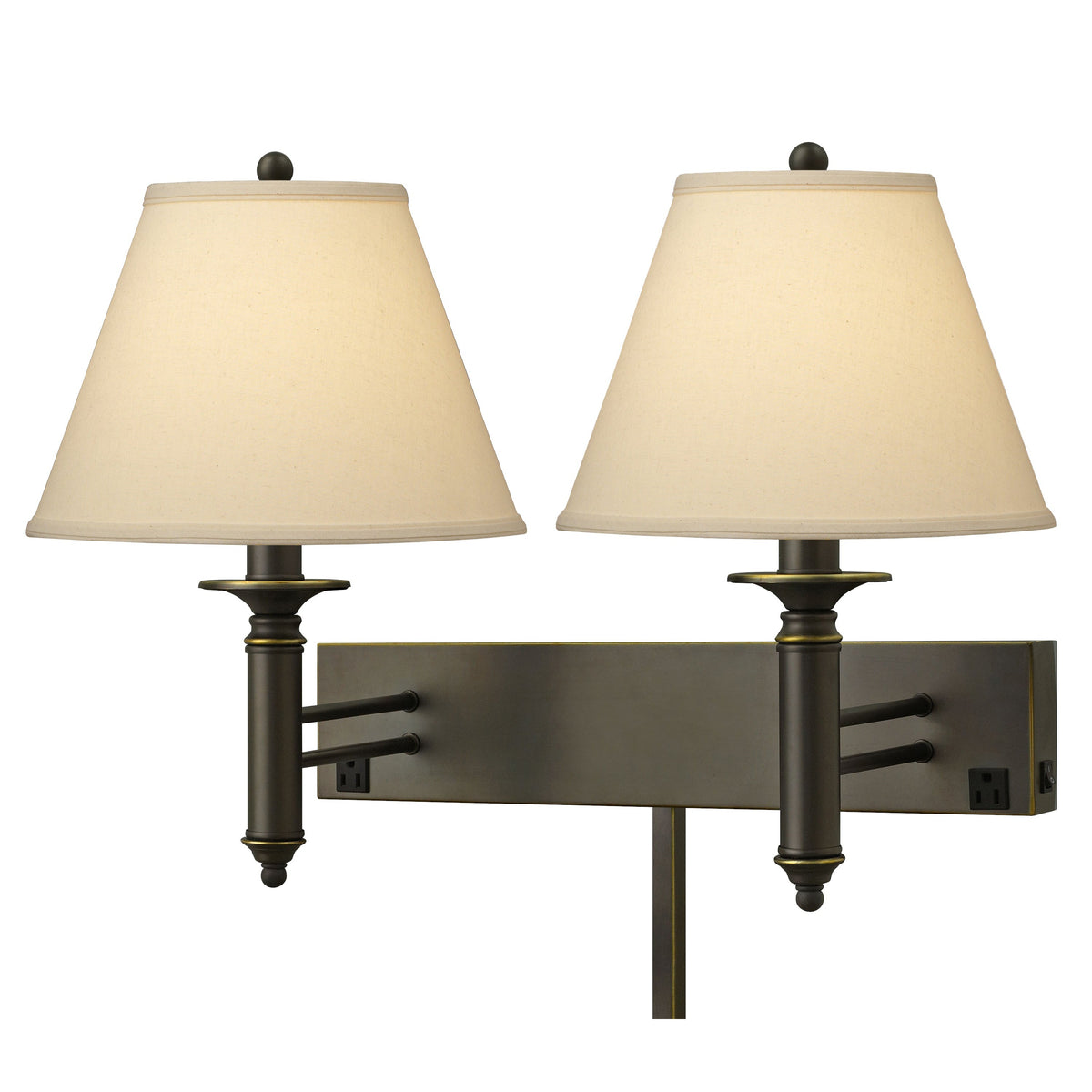Medallion Lighting Contract Groups 20" Madison Bronze Steel 2-Light Double Wall Lamp With USB Port, 3-Prong Outlets and Light Beige Fabric Drum Shade