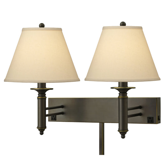 Medallion Lighting Contract Groups 20" Madison Bronze Steel 2-Light Double Wall Lamp With USB Port, 3-Prong Outlets and Light Beige Fabric Drum Shade