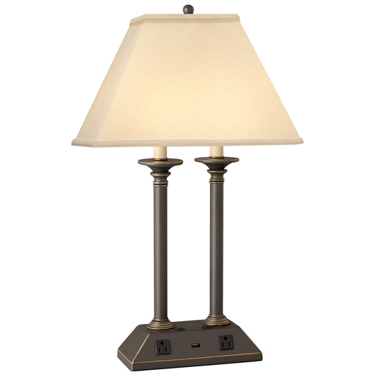 Medallion Lighting Contract Groups 26" Madison Bronze Steel Table Lamp With USB Port, 3-prong Outlets and Light Beige Fabric Rectangular Shade