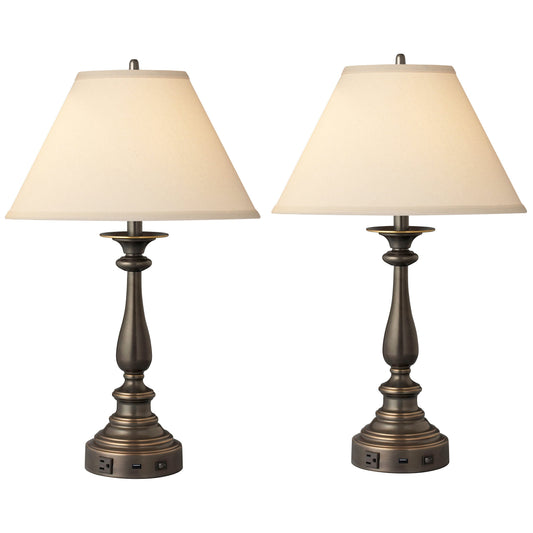 Medallion Lighting Contract Groups 29" Madison Bronze Steel Single Nightstand Lamp With USB Port, 3-prong Outlet and Light Beige Fabric Rectangular Shade - Set of 2
