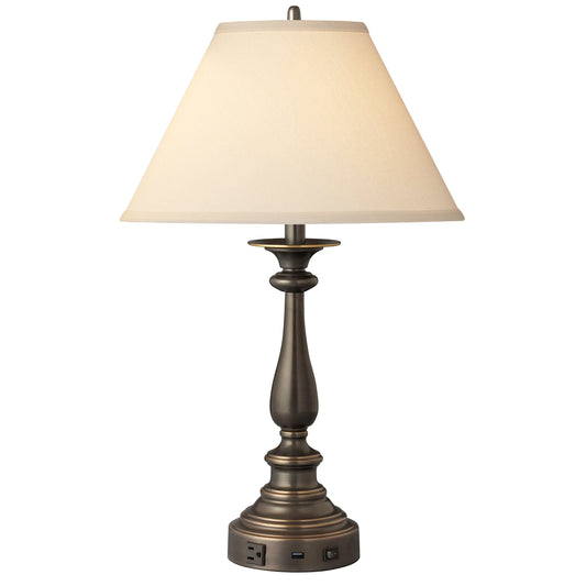 Medallion Lighting Contract Groups 29" Madison Bronze Steel Single Nightstand Lamp With USB Port, 3-prong Outlet and Light Beige Fabric Rectangular Shade