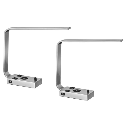 Medallion Lighting Corporation 16" Brushed Steel LED Desk Lamp With USB Ports, Qi Charger and 3-Prong Outlets - Set of 2