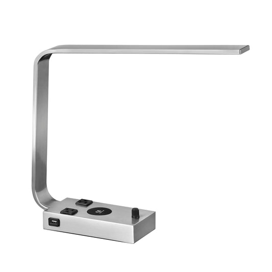 Medallion Lighting Corporation 16" Brushed Steel LED Desk Lamp With USB Ports, Qi Charger and 3-Prong Outlets
