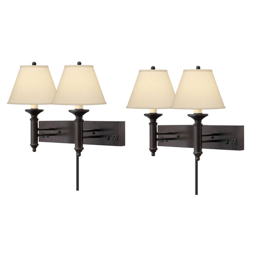 Medallion Lighting Corporation 19" Hammertone Bronze Steel Double Wall Lamp With 3-Prong Outlets and Light Beige Fabric Bell Shade - Set of 2