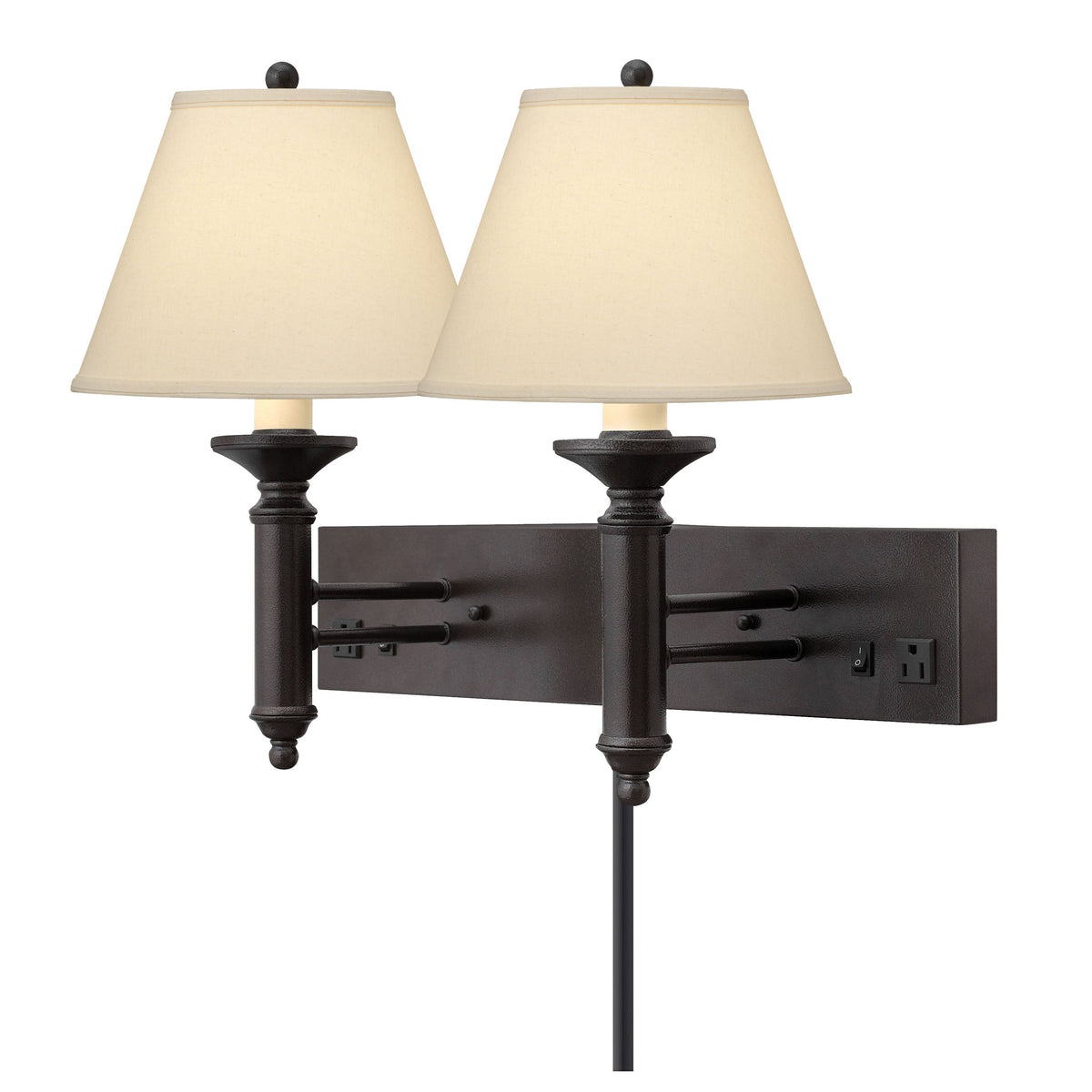 Medallion Lighting Corporation 19" Hammertone Bronze Steel Double Wall Lamp With 3-Prong Outlets and Light Beige Fabric Bell Shade