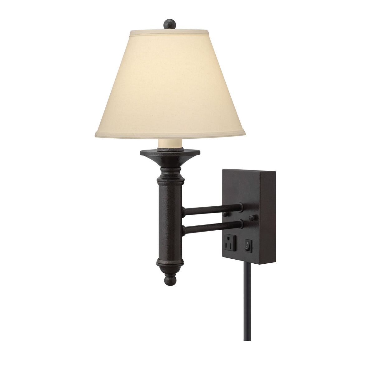 Medallion Lighting Corporation 19" Hammertone Bronze Steel Single Wall Lamp With 3-Prong Outlet and Light Beige Fabric Bell Shade