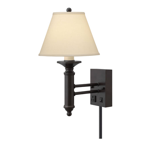 Medallion Lighting Corporation 19" Hammertone Bronze Steel Single Wall Lamp With 3-Prong Outlet and Light Beige Fabric Bell Shade