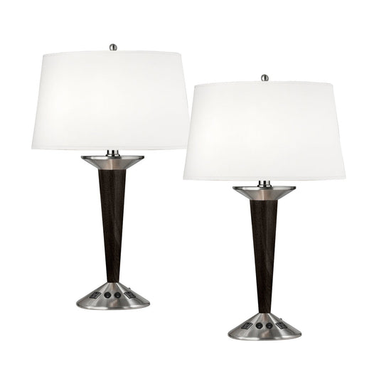 Medallion Lighting Corporation 28" Brushed Steel/Wood Desk Lamp With 3-Prong Outlets and White Fabric Drum Shade - Set of 2