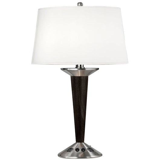 Medallion Lighting Corporation 28" Brushed Steel/Wood Desk Lamp With 3-Prong Outlets and White Fabric Drum Shade