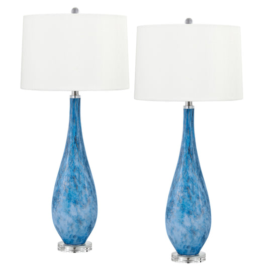 Medallion Lighting Corporation 29" Blue With Silver Glitter Glass/Acrylic Table Lamp With White Fabric Drum Shade - Set of 2
