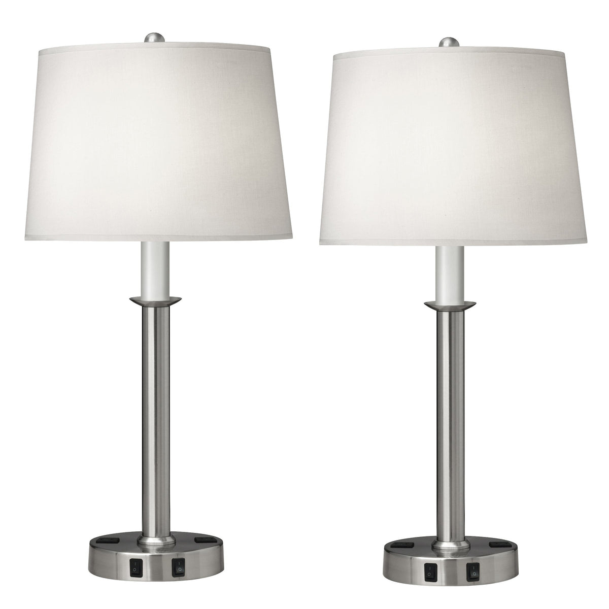 Medallion Lighting Corporation 29" Brushed Steel Twin-light Double Nightstand Lamp With 3-Prong Outlets and White Fabric Drum Shade - Set of 2