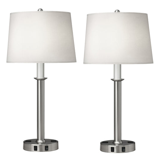 Medallion Lighting Corporation 29" Brushed Steel Twin-light Double Nightstand Lamp With 3-Prong Outlets and White Fabric Drum Shade - Set of 2