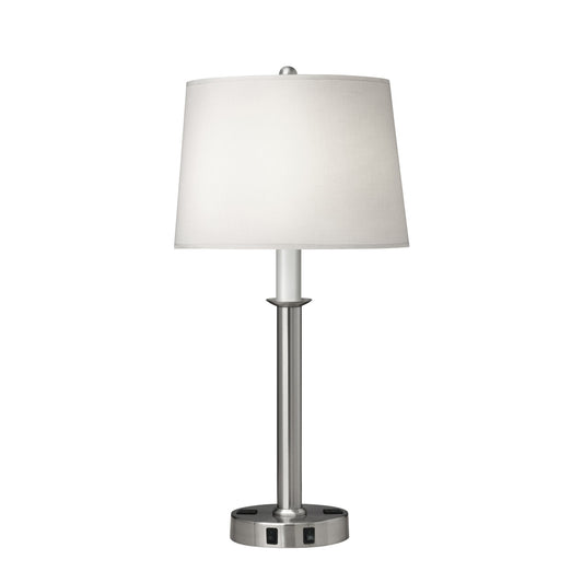 Medallion Lighting Corporation 29" Brushed Steel Twin-light Double Nightstand Lamp With 3-Prong Outlets and White Fabric Drum Shade