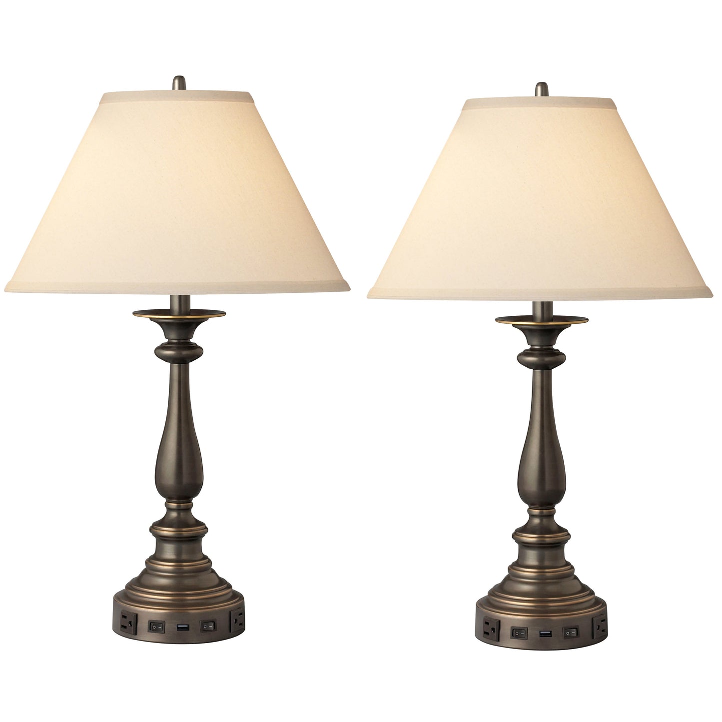 Medallion Lighting Corporation 29" Madison Bronze Steel Twin-light Double Nightstand Lamp With USB Port, 3-Prong Outlets and Light Beige Fabric Bell Shade - Set of 2