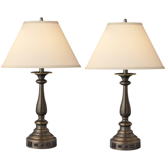 Medallion Lighting Corporation 29" Madison Bronze Steel Twin-light Double Nightstand Lamp With USB Port, 3-Prong Outlets and Light Beige Fabric Bell Shade - Set of 2