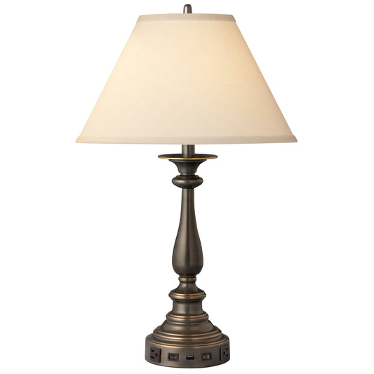 Medallion Lighting Corporation 29" Madison Bronze Steel Twin-light Double Nightstand Lamp With USB Port, 3-Prong Outlets and Light Beige Fabric Bell Shade