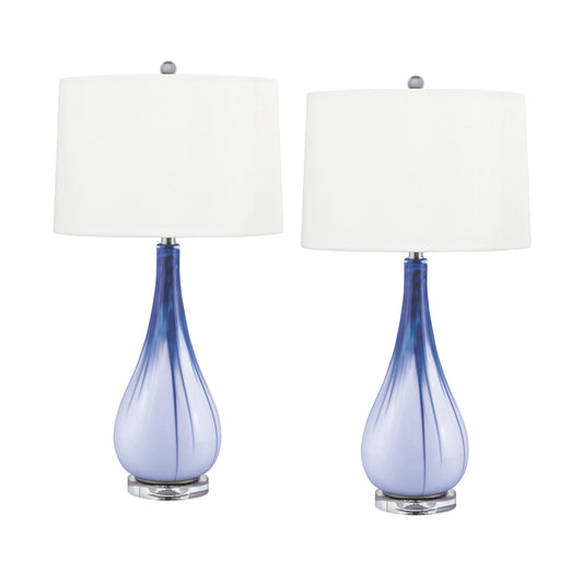 Medallion Lighting Corporation 31" Light Blue and White Glass/Acrylic Table Lamp With White Fabric Drum Shade - Set of 2