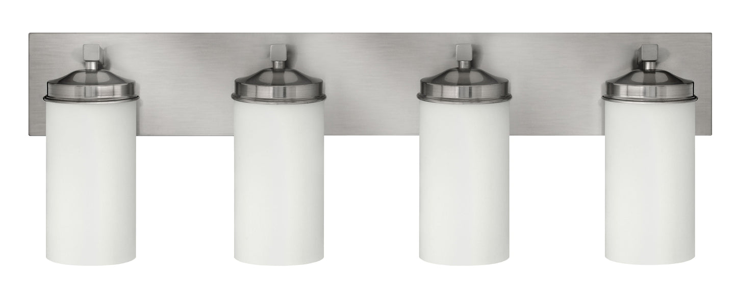 Medallion Lighting Corporation 32" Brushed Steel 4-Light Vanity Fixture With White Glass Shades