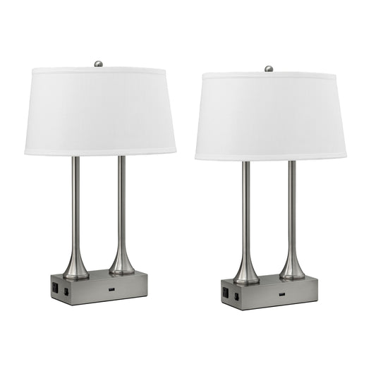 Medallion Lighting Crima 27" Brushed Steel Twin-light Table Lamp With USB Port, 3-prong Outlets and White Fabric Drum Shade - Set of 2