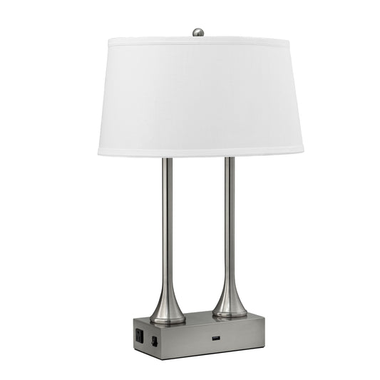 Medallion Lighting Crima 27" Brushed Steel Twin-light Table Lamp With USB Port, 3-prong Outlets and White Fabric Drum Shade