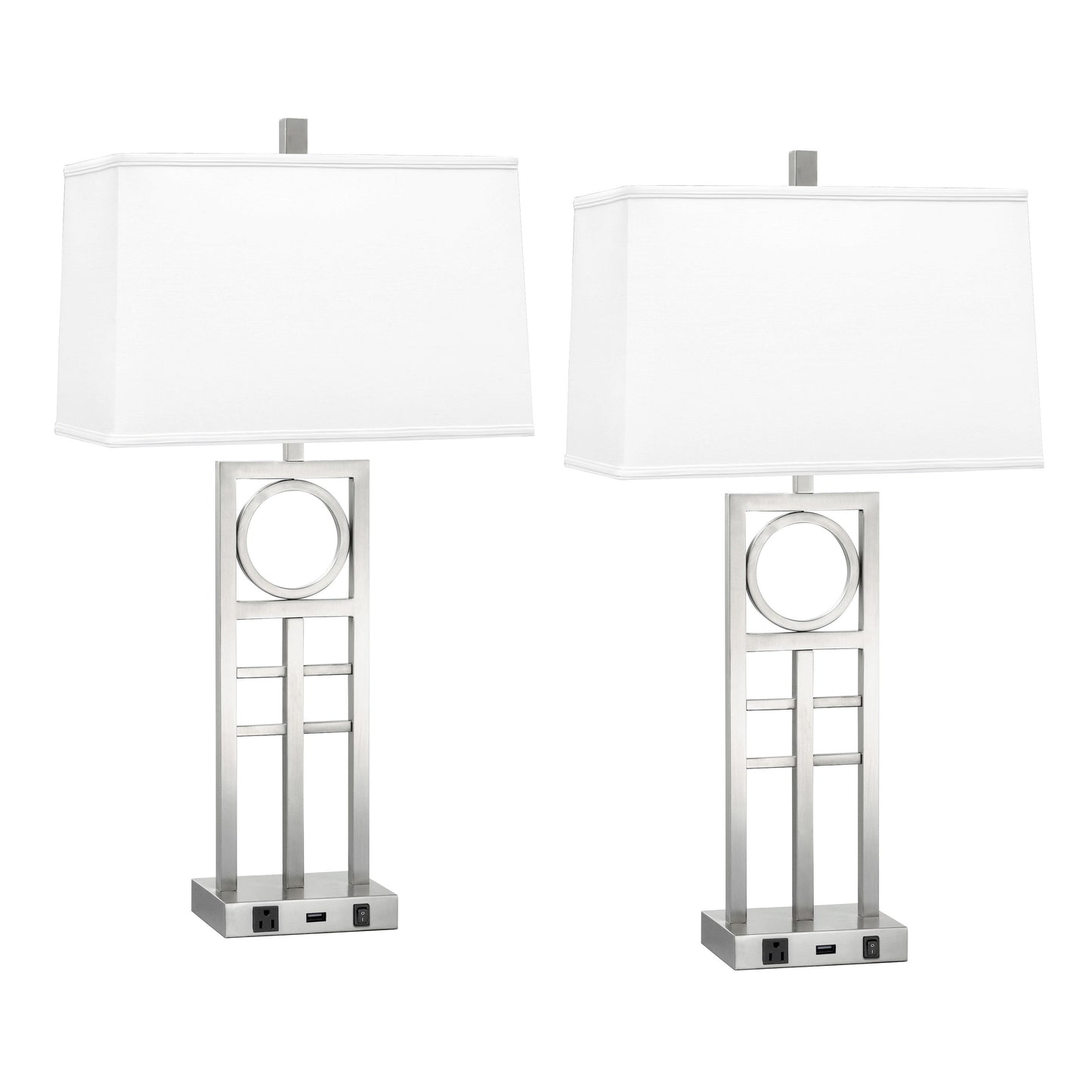 Medallion Lighting Diretto 29" Brushed Steel Single Nightstand Table Lamp With USB Port, 3-prong Outlet and White Fabric Rectangular Shade - Set of 2