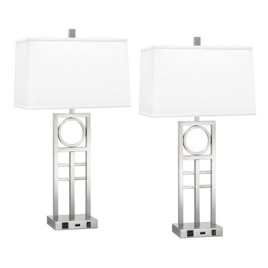 Medallion Lighting Diretto 29" Brushed Steel Single Nightstand Table Lamp With USB Port, 3-prong Outlet and White Fabric Rectangular Shade - Set of 2