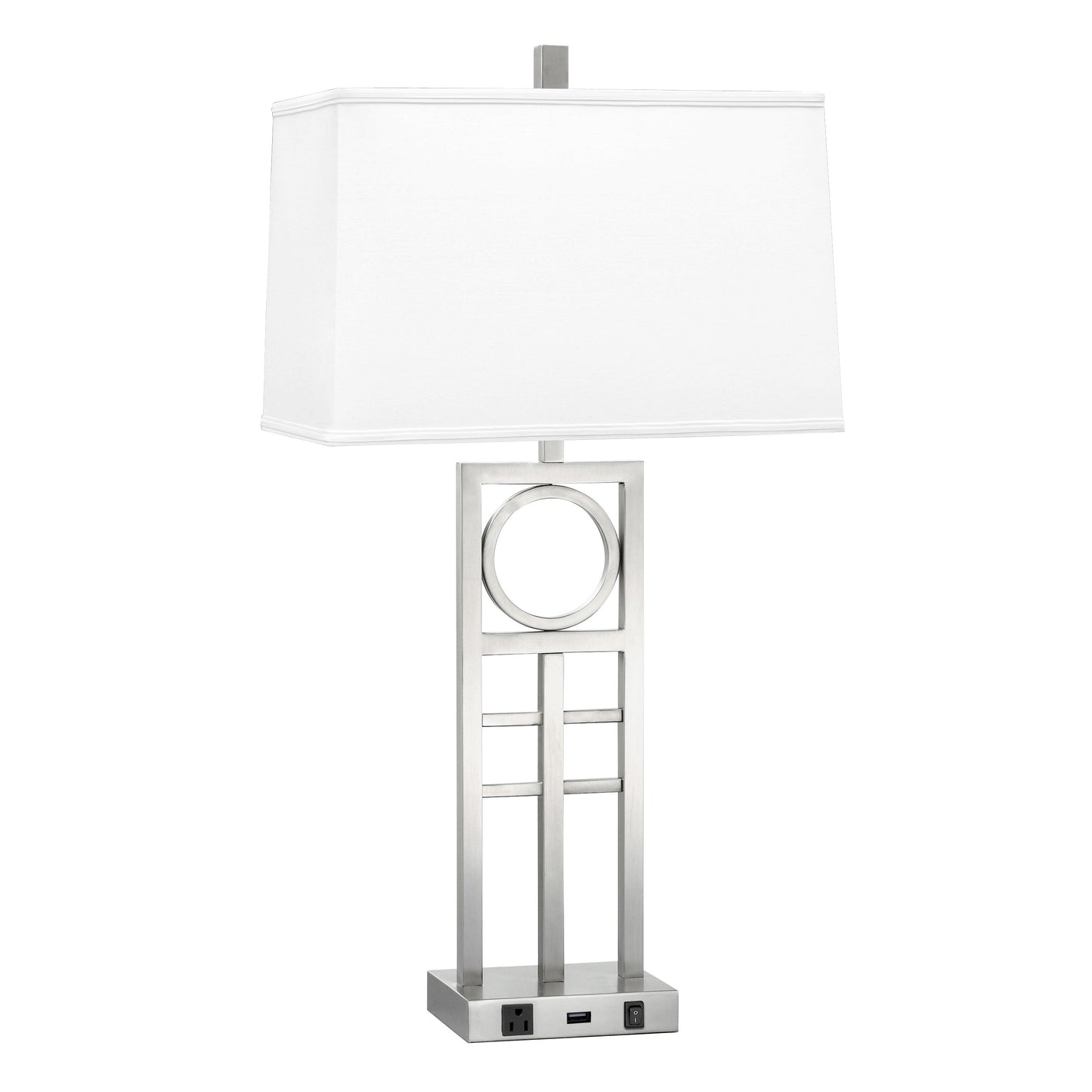 Medallion Lighting Diretto 29" Brushed Steel Single Nightstand Table Lamp With USB Port, 3-prong Outlet and White Fabric Rectangular Shade