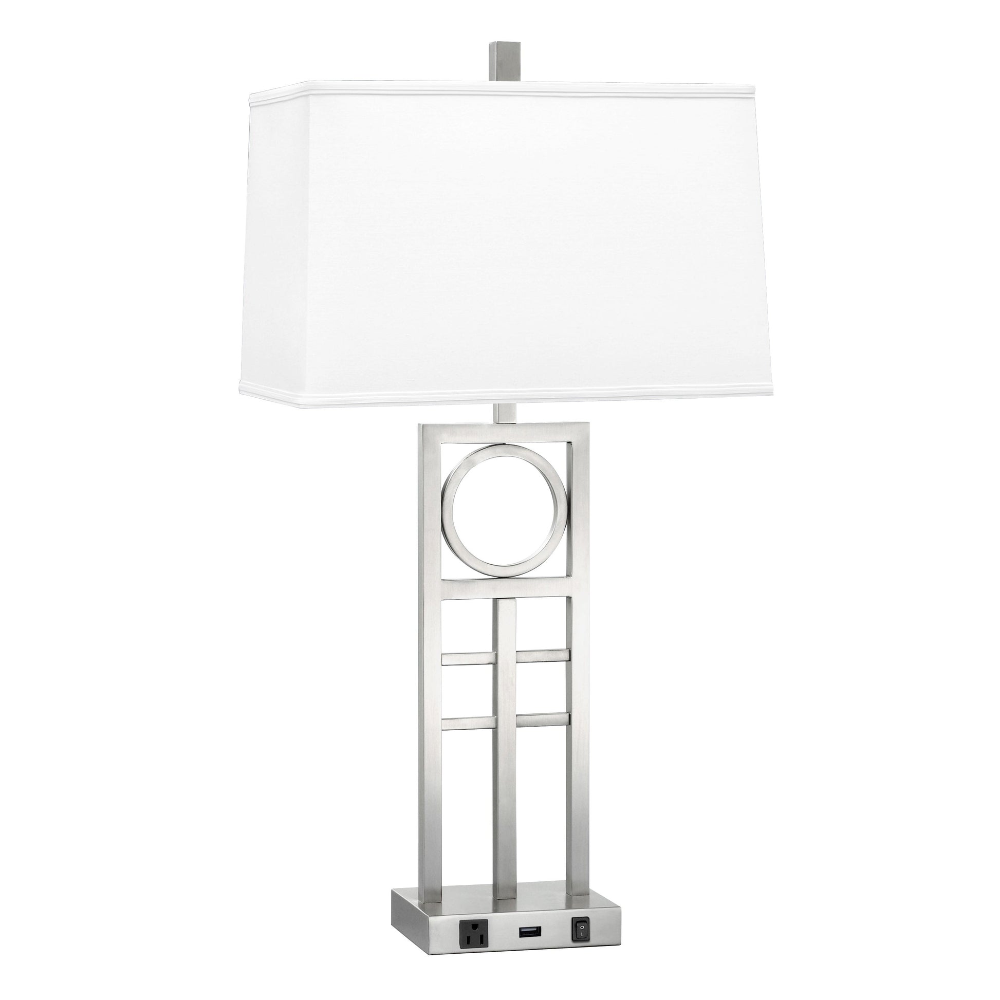 Medallion Lighting Diretto 29" Brushed Steel Single Nightstand Table Lamp With USB Port, 3-prong Outlet and White Fabric Rectangular Shade